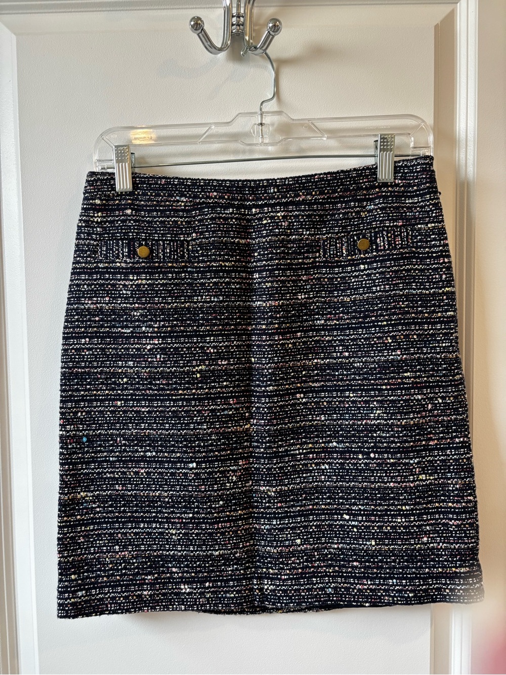 LOFT Navy Tweed Midi Skirt with Subtle Multicolor Flecks
